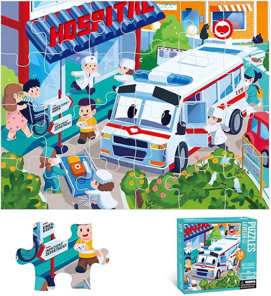 Puzzles for Kids Ages 3-6 Year Old,24 Pieces Jigsaw Puzzles for Toddlers & Children Ages 4-6,Educational Floor Puzzles with Storage Box for Gifts (Ambulance)