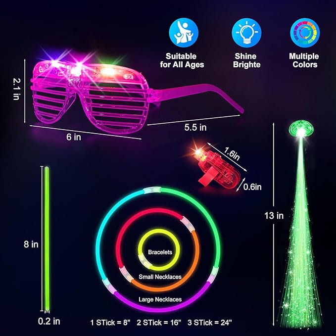 158 PCS Glow in the Dark Halloween Party Supplies, 14PCS LED Glasses, 30LED Finger Lights, 14LED Light Hairs and 100PCS Glow Sticks Bracelets, Neon Party Favors for Wedding,Concert, Birthday