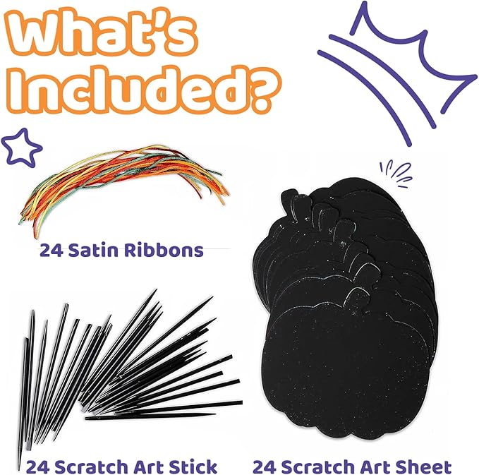 Neliblu Halloween Scratch Art Trick or Treat Paper Crafts Kit Bulk Pack of Halloween Pumpkins with Magic Rainbow Colors - 24 Pumpkin Ornaments, 24 Scratch Sticks, 24 Ribbons