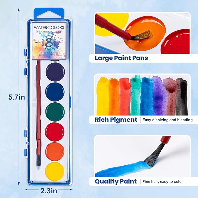 72 Pack Watercolor Paint Set Bulk,8 Colors Washable WaterColor Paint for Kids, Water Color Paint with Brushes, Ideal Gift for Party Favors, Art Supplies for School Classroom Home