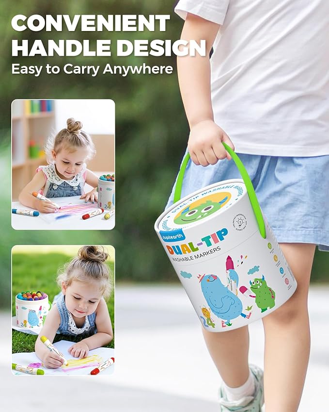 Washable Dual Tip Markers for Kids, Broad & Round Tip, Easy-Grip Design for Little Hands, 24 Vibrant Colors Toddler Markers with Portable Case, Preschool Art Supplies for Kids Toddlers