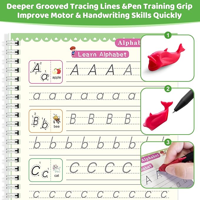 Magic Grooved Writing Practice Kit for Kids Ages 3-8, 7 Reusable Grooved Handwriting Books with 2 Pens & 20 Refills + Watercolor Book with Water Pen, Large Grooved Copybooks for Preschool (8)