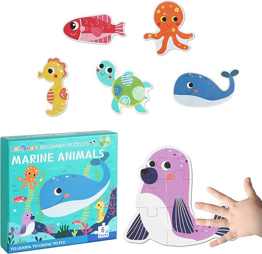 FLYINGSEEDS 6 Packs Marine Animals Shaped Wooden Jigsaw Puzzles, Beginner Puzzles for Toddlers, Montessori Learning Toys Preschool Educational Activity for Kids Ages 3 4 5 with Pattern Blocks