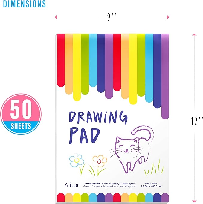 Alitte Drawing Pad for Kids - 6-Pack (9x12) Drawing Paper with Easy-Tear Pages - 50 Sheets - Kids Art Supplies | Sketch Pad for Drawing & Coloring - Suitable for Children and Toddlers
