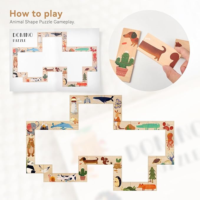 Wooden Puzzles for Toddlers Toddler Puzzles – Montessori Animal Toy Puzzle for Toddlers 3-5 Year Old – Wood Toy Learning Realistic Animals for Boy and Girl(Domino Shape)