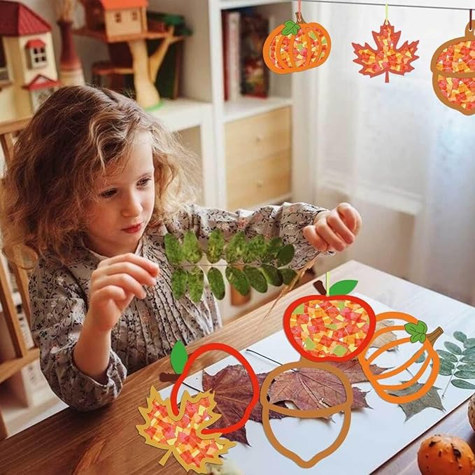 Zliisang 24PCS Make You Own Fall Crafts Kit Bulk Maple Leaves Pumpkin Apple Acorn Paper Suncatchers DIY Kit for Autumn Thanksgiving Activities Decorations Window Stained Glass Effect Art Supplies