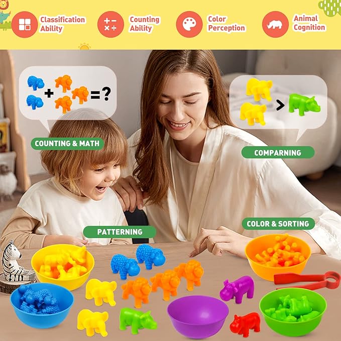 Counting Animals Color Sorting Stacking Matching Games with Rainbow Bowls Montessori Preschool Educational Learning Activities Fine Motor Skills Toys Easter Gift for Toddlers Ages 3+