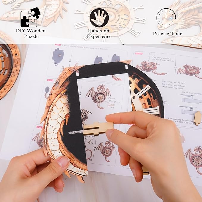 KAAYEE 3D Puzzle for Adult, Wooden Dragon Pendulum Clock Mechanical Model Kit, 32 PCS DIY Vintage Wall Clock Building Kit, Creative Craft Gift for Birthday Home Decor (Battery Not Included)