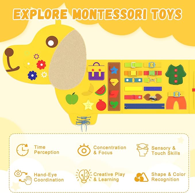 Dog Montessori Busy Board - Sensory Wall Panel for Kids, Felt Activity Cube for Toddlers, Daycare Toys and Playroom Furniture Essentials, Wall Mounted Sensory Board Toy Gift for Boys Girls, 3-6