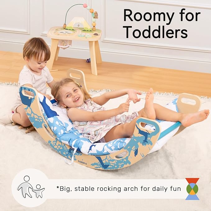 wingyz 8-in-1 Pikler Triangle Set-Wooden Baby Climbing Toys with Cushion,Arch, Ramp & Ladder | Montessori Toddler Climber Indoor Jungle Gym for Kids (Blue)