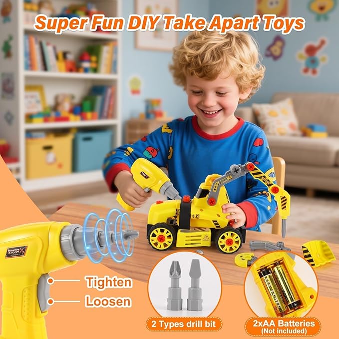 9 in 3 Take Apart Toys with Electric Drill Take Apart Truck Toys Construction Set DIY Engineering Building Toy Push Go STEM Toy Gift for Boys Toys Ages 4-7 Years Old Gift