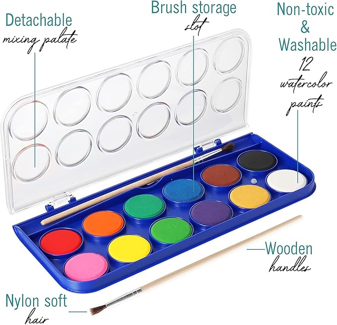 2 Pack Watercolor Paint Set 12 Vivid Colors Includes Watercolour Mixing Palette and 2 Brushes, Perfect For Artists, Beginner Painters, Kids and Adult Painting