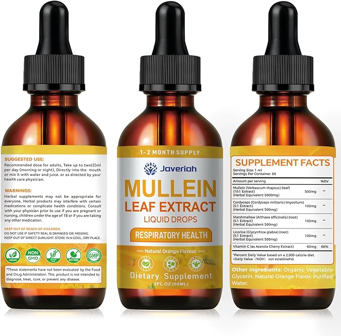 Mullein Drops for Lungs Cleanse - Cordyceps, Marshmallow Root & Licorice Root Extract, Respiratory Herbal Supplement with Mullein Leaf Extract for Immune Support & Bronchial Cleanse, 2 Fl Oz