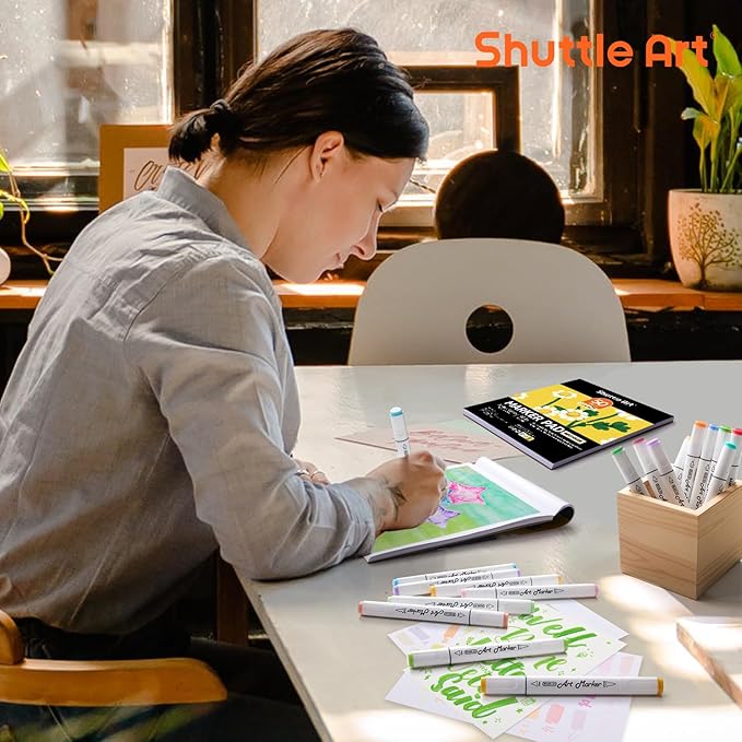 Shuttle Art Marker Pad, 8.3”x7.67” Portable Square Sketchbook, 50 Sheets Marker Drawing Paper, 98LB/160GSM Smooth Surface Bleedproof Art Paper, Glue-Bound, Great for Beginners to Draw, Paint & Sketch