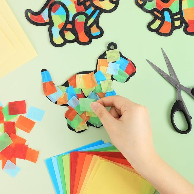 Qyeahkj 36 Set Dinosaur Suncatchers Crafts for Kids DIY Dinosaur Tissue Paper Crafts Window Stained Glass Effect Dino Hanging Decor School Home Creative Activity Art Projects Birthday Party Favor Gift