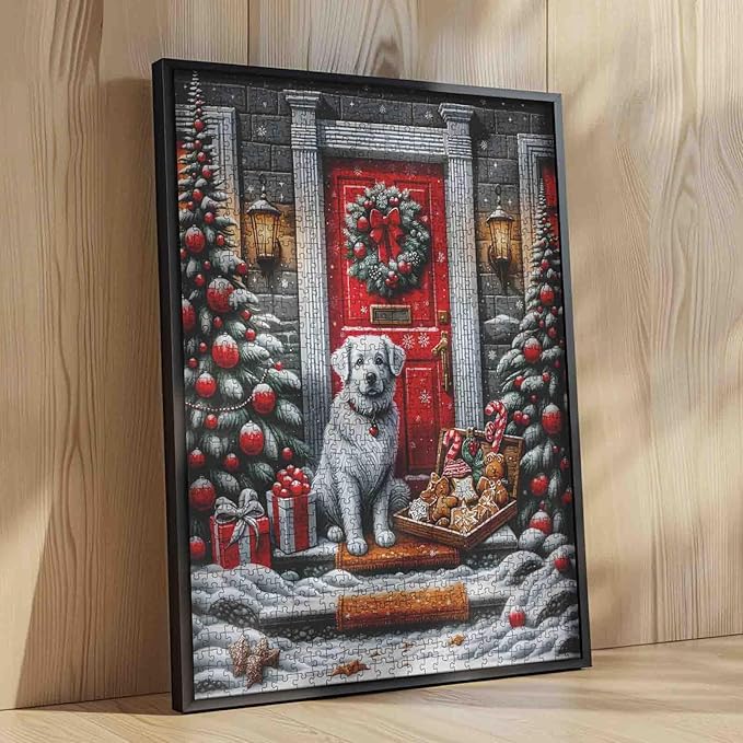Christmas 1000 Piece Jigsaw Puzzles for Adults Cute Dog Painting Christmas Tree Jigsaw Puzzle 1000 Pieces Gingerbread Man/Candy Cane Puzzles Family Fun Game DIY Craft Bedroom Decor Festival Gift
