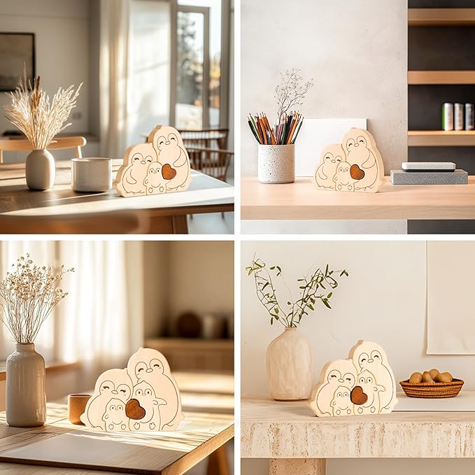 Wooden Penguin Family Puzzle Games, Personalized 4 Name Puzzle for Home Crafts Decor, House Warming Birthday Party Gifts for Mom Dad Grandma Kids New Baby, Wooden Bear Family