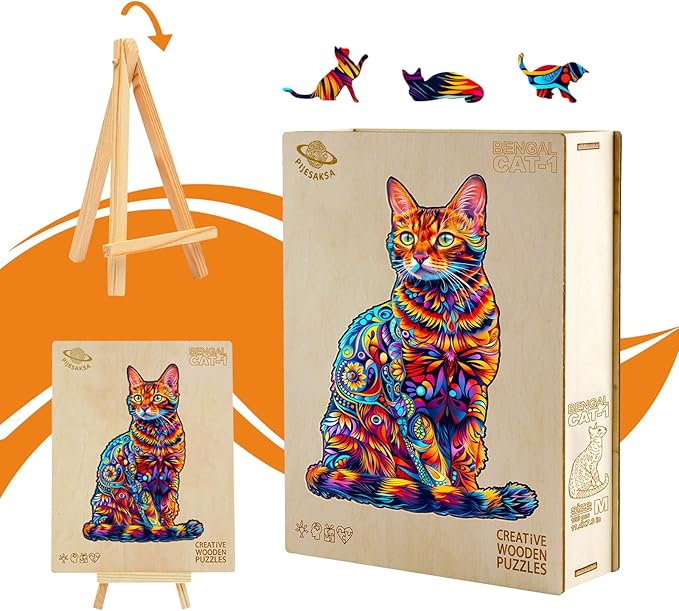 Wooden Puzzles for Adults - Bengal Cat Wooden Puzzle, Unique Animal Shape Wood Jigsaw Puzzles for Adults, Wood Puzzles Adult, Perfect for Birthday Gift, Family Puzzle, 175 Piece 13.3 x 9in Large