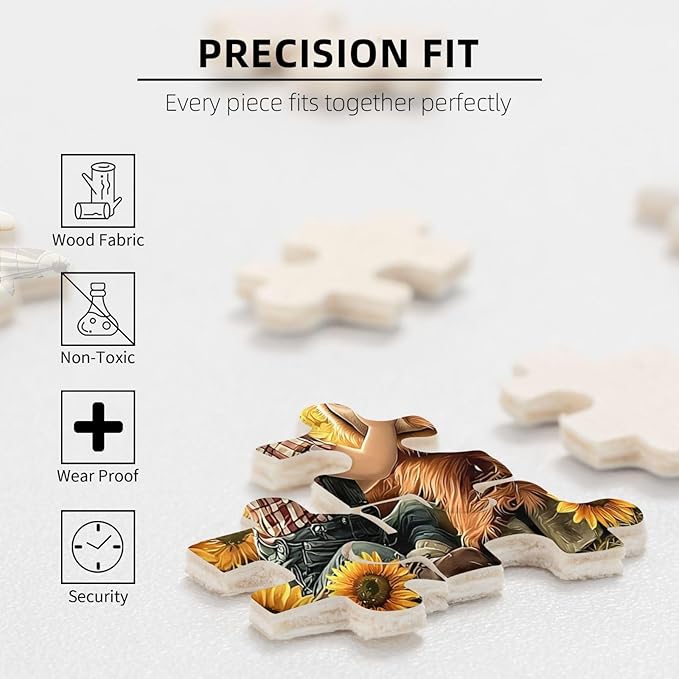 Cute Girl Highland Cattle Jigsaw Puzzle 500 Piece, Sunflower Jigsaw Puzzles,Flowers Puzzle Nature Animal Flower Painting Jigsaw Puzzles 500 Piece,Birthday Gifts for Adults and Family Game