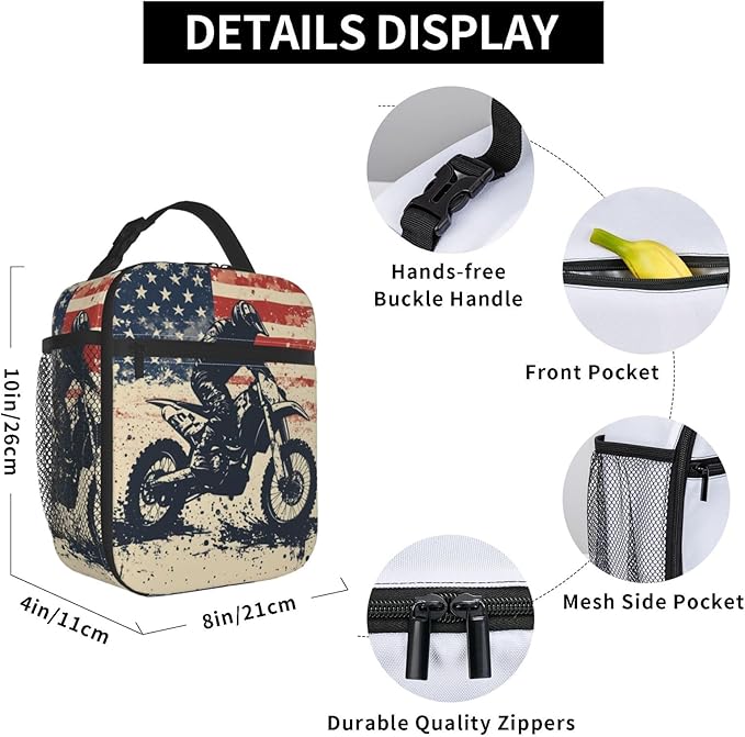 Dirt Bike Lunch Bag for Women Men Adults, Insulated Lunch Box for Work, Sports, Travel, Picnic,Hiking, Fishing, Motocross American Flag Theme Lunchbox Gifts
