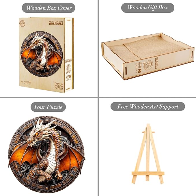 Wooden Puzzles for Adults 200 Pices, Dragon 3D Puzzles for Adults, Mechanical Dragon Irregular Jigsaw Puzzles, Flat Puzzels with 3D Visual Effect, Finished Puzzle Size is 11.4 x 11.4in