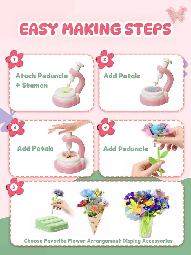 DIY Flower Bouquet Kit - Fabric Flower Bouquets Kids Toys for 3+ Years Old Girls, Birthday Preschool Kindergarten Pink Supplies Gift Set, Art Activities Presents with Wrapping Paper Display Base