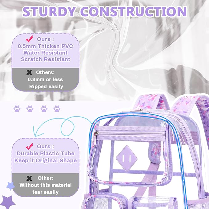 Clear Backpack for School,Heavy Duty PVC Transparent Bookbag for Girls Stadium Approved See Through Backpack