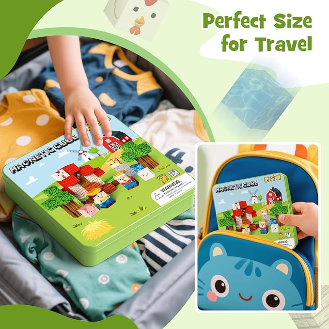 49 Pcs Farm Animals Magnetic Building Blocks Set for Toddlers 3-5, Travel Toys with Iron Storage Box, Magnetic Tiles & Cubes for Kids Ages 4-8, STEM Learning, Portable Play Base for Car Plane Trips