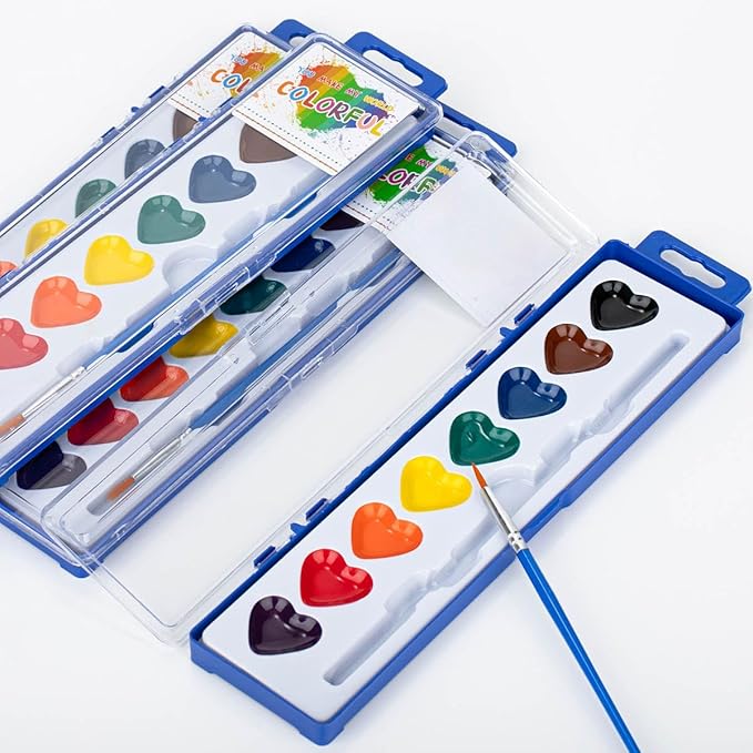ARTLYMERS 2 Pack Valentines Watercolor Paint Set Kids, 8 Washable Heart Shaped Water Colors Paint Sets with Paintbrush, Art Supplies for Preschool Classroom Party Favor Gifts Prizes Exchange