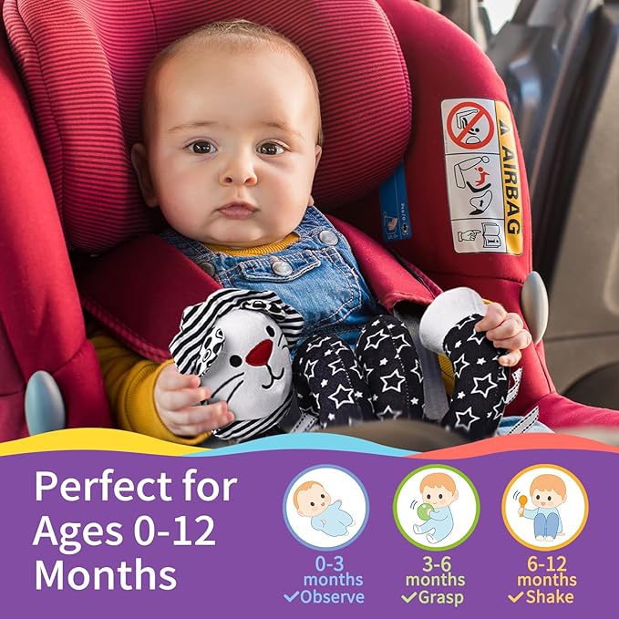 LiKee Spiral Car Seat Toys for Babies 0-6 Months, Black High Contrast Plush Hanging Baby Stroller Toys, Crib & Carseat Sensory Activity for Newborn, Ages 0+ Years 6-12 Month Infants Boy Girl Gifts