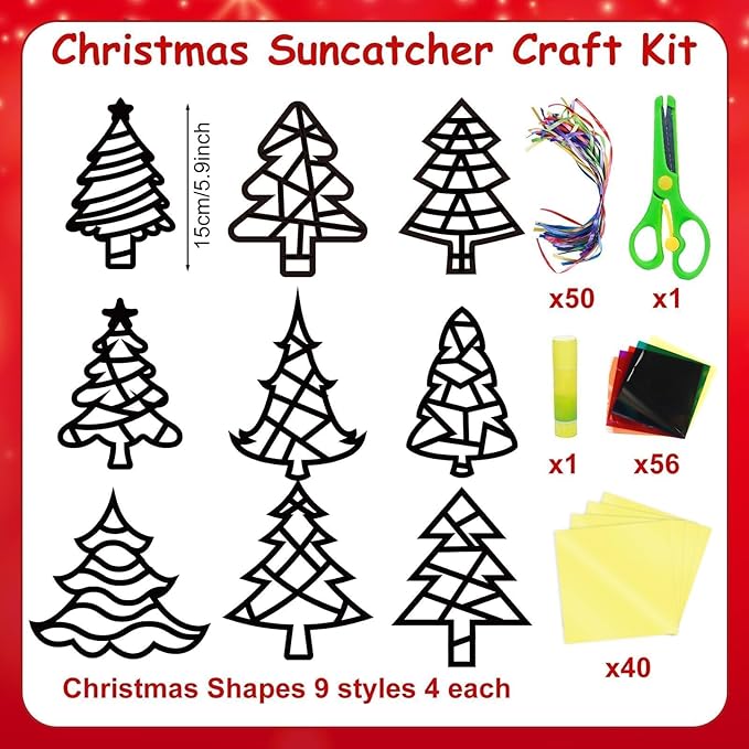 EggSun 36 Sets Christmas Tree Suncatchers Craft Kit for Kids Ornaments Stained Glass Effect Window Arts and Crafts Kit for Classroom Holiday Birthday Projects Home Party Favors Decorations Ages 4 8 12
