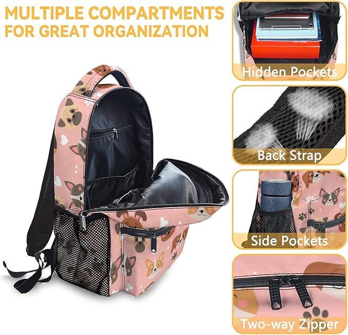 Dog Backpack with Lunch Box, Set of 3 School Backpacks Matching Combo, Cute Pink Bookbag and Pencil Case Bundle