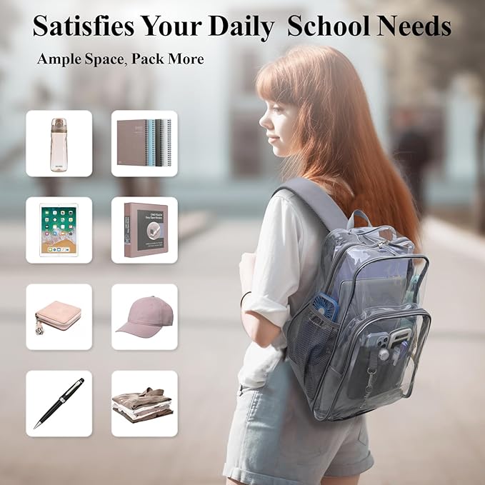 PACKISM Clear Backpack - 17 inch Heavy Duty Clear Backpacks for School, Large Transparent Bookbag for Students (Age 12+)