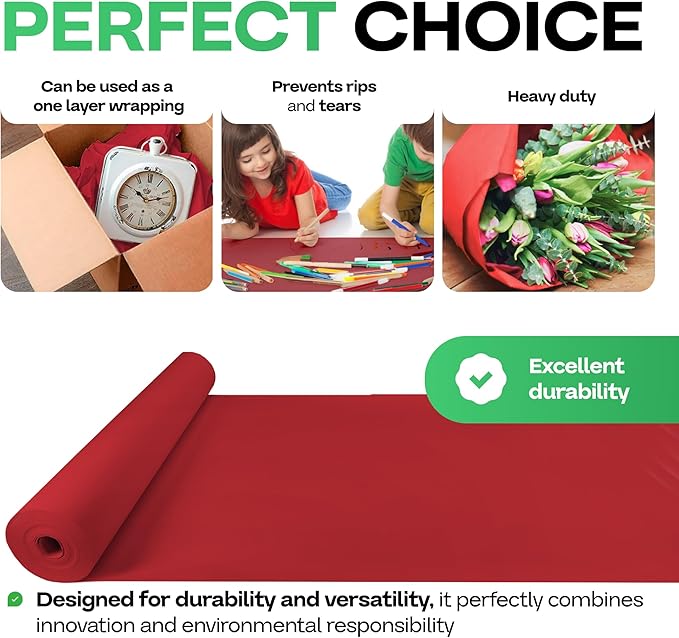 Red Kraft Paper Roll 36" x 2160" (180 feet) - USA-Made Craft Paper Roll 45 lb Thickness for Art - Red Wrapping Paper for Gift Wrapping & Moving - High-Density Roll for School by IDL Packaging