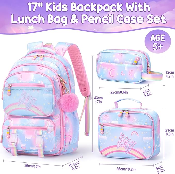 Fimibuke Kids Backpack for Girls, 3PCS Rainbow & Butterflies Teen Girls Backpack with Lunch Box & Pencil Case, Cute Blue Bookbag School Bag for Kindergarten Elementary Middle School Student Ages 5+