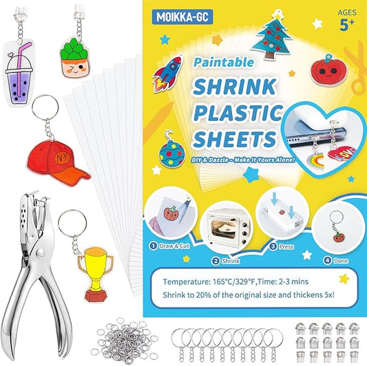 MOIKKA-GC 142PCS Shrink Plastic Sheets Kit – 16PCS 7.9"x5.7" Shrinky Paper for Phone Charms, Mini Crafts, with Hole Punch, Jump Rings, Keychains & Dust Plug, DIY Craft Supplies for Kids Teens & Adults