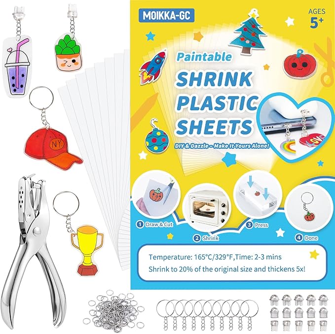 MOIKKA-GC 158PCS Shrink Plastic Sheets Kit – 32PCS 7.9"x5.7" Shrinky Paper for Phone Charms, Mini Crafts, with Hole Punch, Jump Rings, Keychains & Dust Plug, DIY Craft Supplies for Kids Teens & Adults