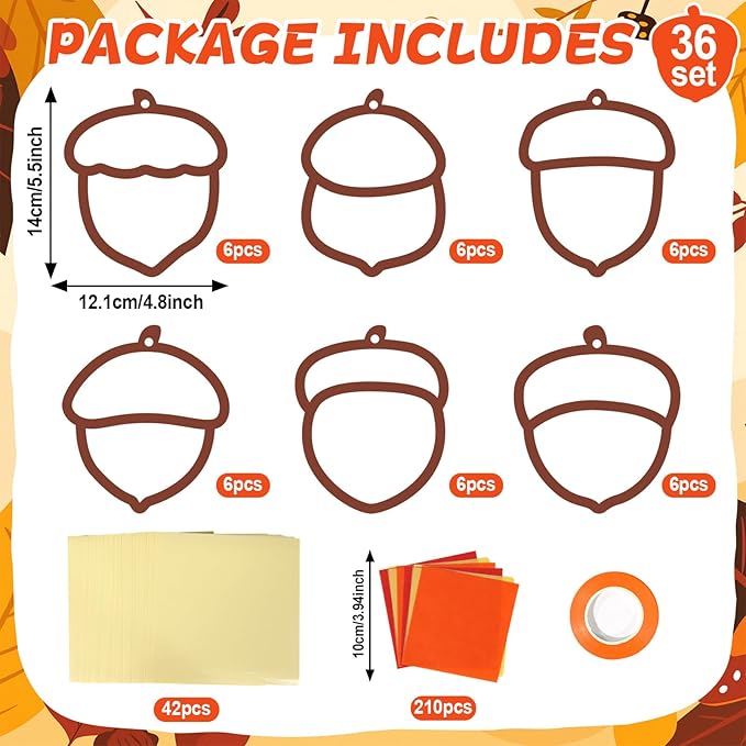 Qyeahkj 36 Set Fall Acorn Suncatchers Crafts for Kids DIY Autumn Window Tissue Paper Craft Kit Hanging Decor for Thinkgiving Home Activity Art Project Birthday Party Favor Gift