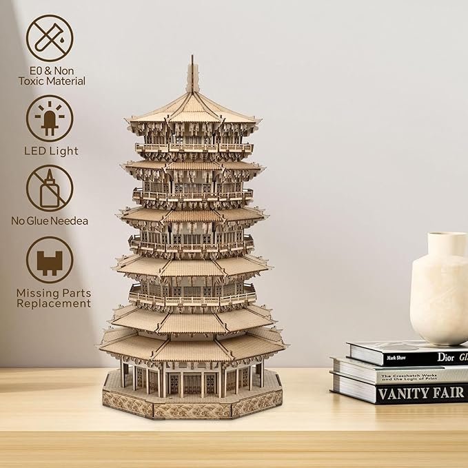 3D Wooden Puzzles for Adults - Wooden Pagoda 3D Puzzle, Creative Crafts for Adults, Birthday Christmas Party Favors, Home Decor Gift - Six-Storied Pagoda with LED Light (1287pcs)
