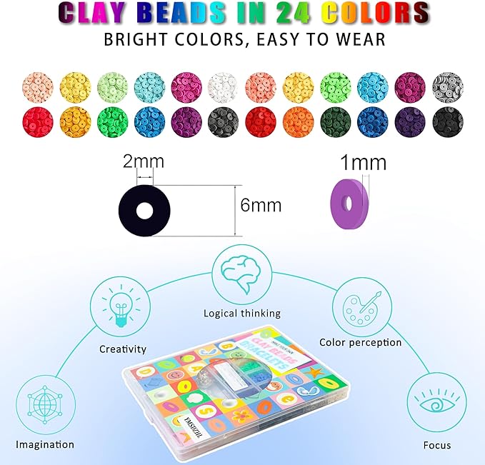 YMSDZHL 6000+PCS Clay Beads Bracelet Making Kit,24 Color DIY Flat Preppy Beads for Friendship Jewelry Making,Polymer Heishi Beads with Charms Gifts for Teen Girls Crafts for Ages 4-12