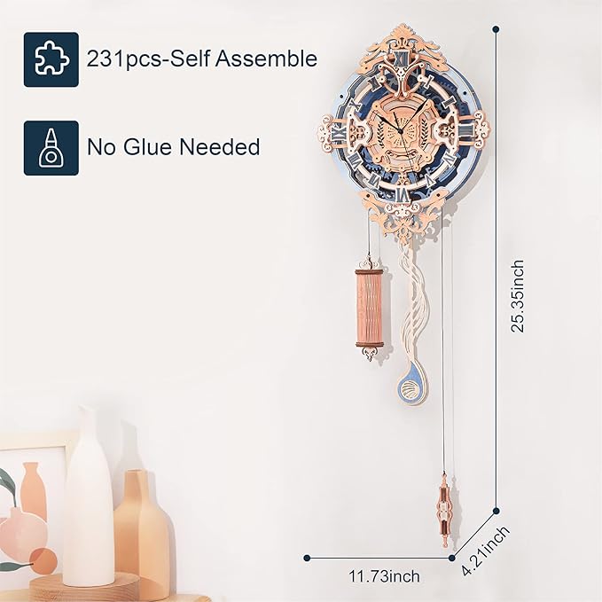 ROKR 3D Puzzles for Adults Vintage Wooden Pendulum Clock Kits 12", Mechanical Building Model Kits DIY Wall Clock Hobbies for Adults Home Decor Gifts for Teens