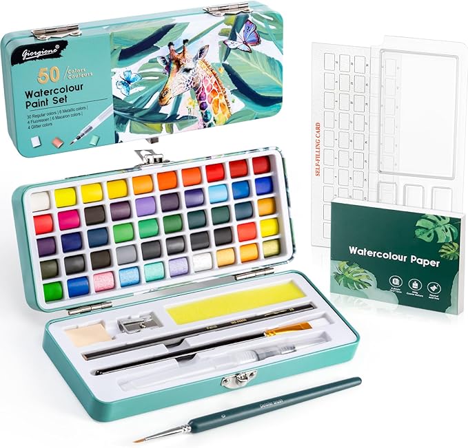 Prudiut Watercolor Paint Set, 50 Colors, Watercolor Set with Watercolor Paper, Palette, Brushes, Ideal for Adults Kids Beginners Artists