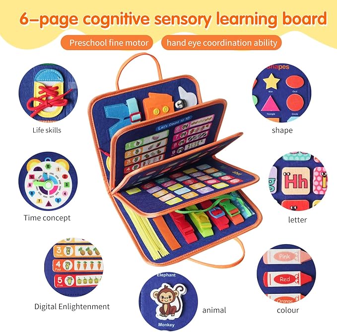 Busy Board-Montessori Toys for Toddlers,Sensory Toys for Girls,Learning Education Travel Toys for Toddlers,Activity Board Busy Book for Kids Birthday Gift (Blue)