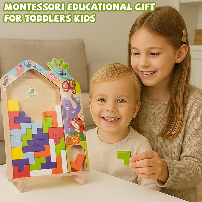 Wooden Puzzle Pattern Blocks Brain Teasers Game, 3D Russian Building Toy Wood Tangram Shape Jigsaw Puzzles Montessori STEM Educational Toys Gift for Kids