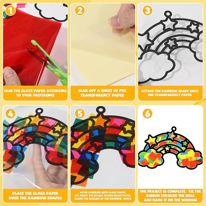 QOUBAI 32 Sets Rainbow Suncatchers Craft Kit DIY Window Stained Glass Effect Planet Rainbow Sun Paper Crafts Home School Classroom Decoration Kid Birthday Gift Creative Art Project Activity Game