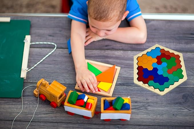 3-in-1 Wooden Blocks Puzzle Set,Hexagon Wooden Puzzle + Wood Russian Blocks + Tangram Puzzle for Kids,Intelligence Brain Teasers Toy STEM Educational Gift for Children(with Storage Bag)