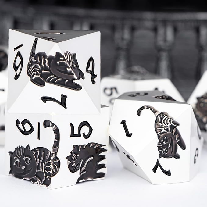 Metal DND Cat Dice 7PCS Polyhedral RPG Dice Set with Gift Case for Dungeons Dragons Role Playing Game, D and D Dice D6 D8 D10 D12 D20 D% (Silver Black)