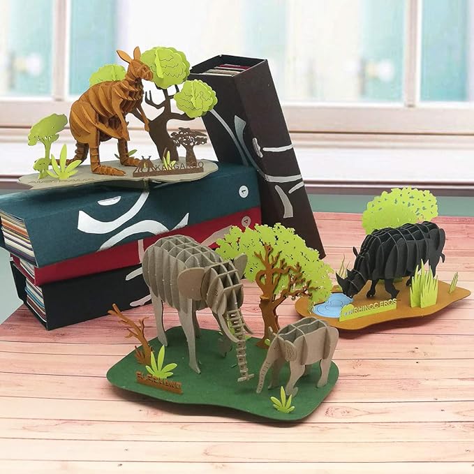 Paper 3D Puzzle, 3 Assorted Wild Animals, 3D Cardboard Models, DIY Kit for Child, Education Craft-Kangaroo, Elephant, Rhinoceros Puzzles