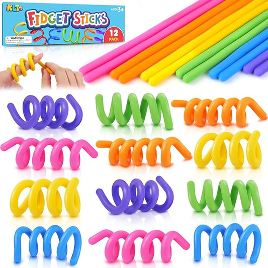 Fidget Toys Sensory Sticks for Kids: 12 Pack Sensory Toys for Kids with Autism Calming - Quiet Fidgets for Classroom Must Have - Creative Students Prizes Fun Party Favors Gifts