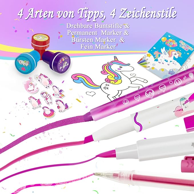 weirtoya 56 PCS Washable Scented Markers Set with Glitter Pencil Case, Mermaid Unicorn Arts and Crafts for kids 4-6-8 Kids Coloring Drawing Kits for 4-8 Years Old Girls Birthday Gifts